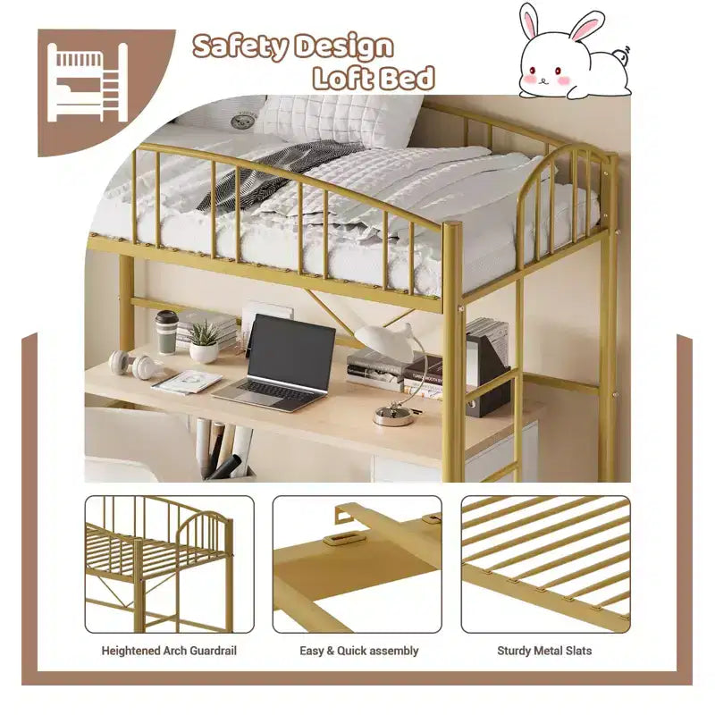 Lit mezzanine jumeau avec escalier et garde-corps arqué, lit plateforme en métal, gain de place, pas besoin de sommier, pour enfants et dortoirs