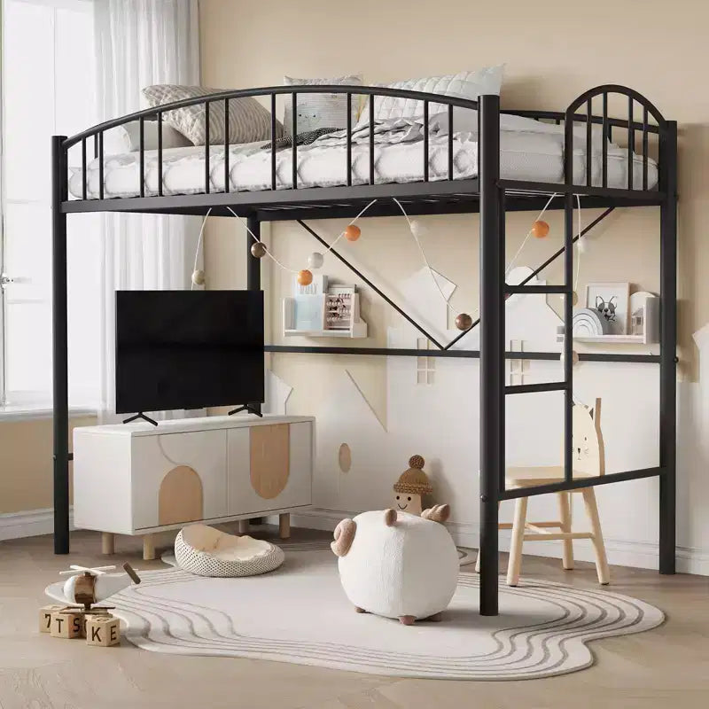 Lit mezzanine jumeau avec escalier et garde-corps arqué, lit plateforme en métal, gain de place, pas besoin de sommier, pour enfants et dortoirs