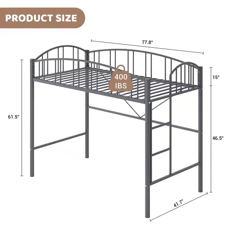 Lit mezzanine jumeau avec escalier et garde-corps arqué, lit plateforme en métal, gain de place, pas besoin de sommier, pour enfants et dortoirs
