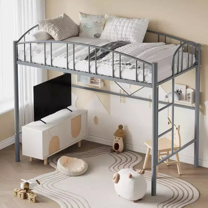 Lit mezzanine jumeau avec escalier et garde-corps arqué, lit plateforme en métal, gain de place, pas besoin de sommier, pour enfants et dortoirs