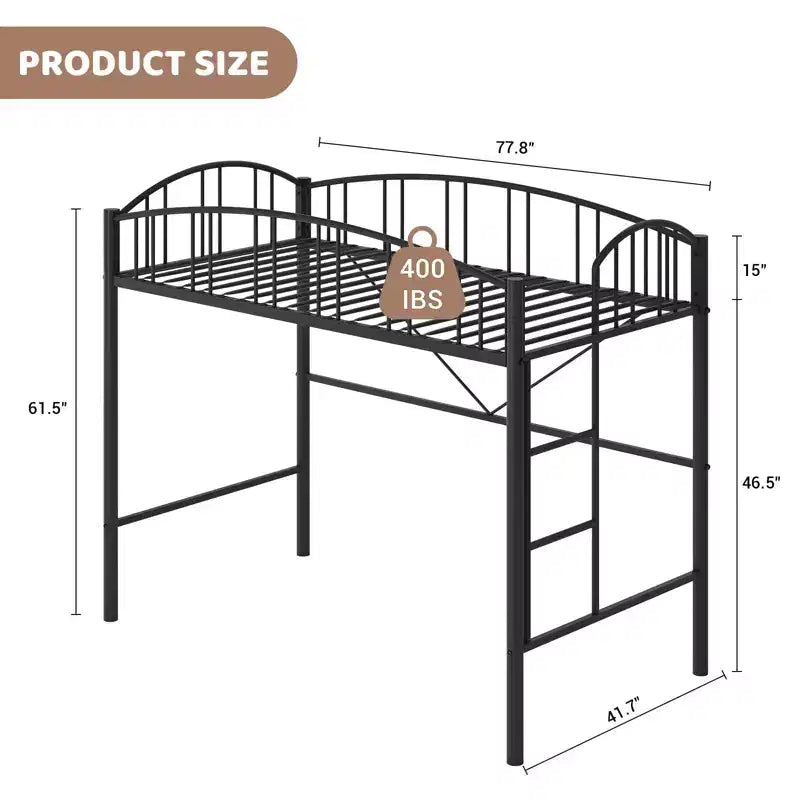 Lit mezzanine jumeau avec escalier et garde-corps arqué, lit plateforme en métal, gain de place, pas besoin de sommier, pour enfants et dortoirs