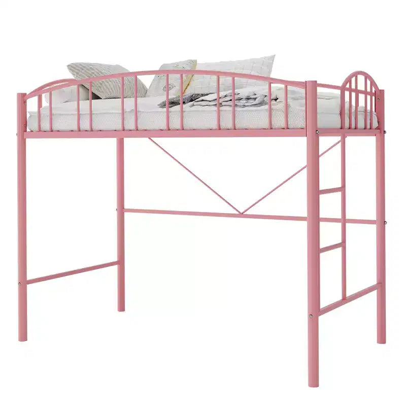 Lit mezzanine jumeau avec escalier et garde-corps arqué, lit plateforme en métal, gain de place, pas besoin de sommier, pour enfants et dortoirs