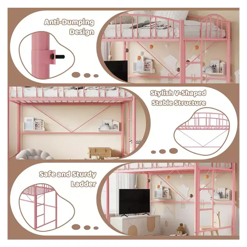 Lit mezzanine jumeau avec escalier et garde-corps arqué, lit plateforme en métal, gain de place, pas besoin de sommier, pour enfants et dortoirs