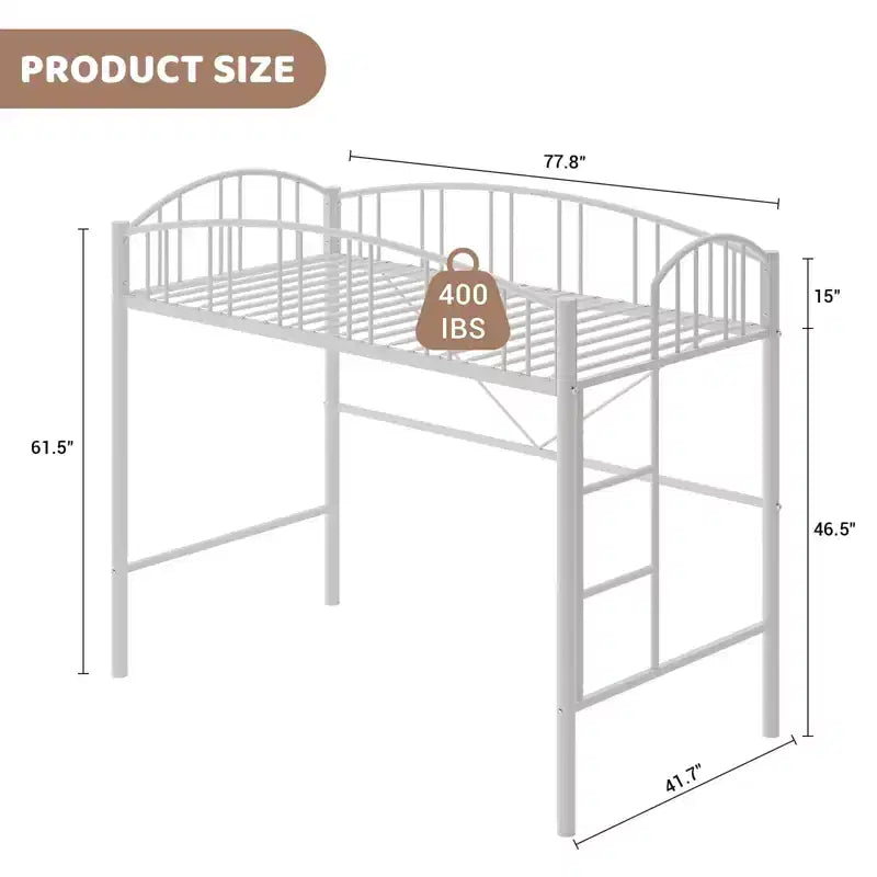 Lit mezzanine jumeau avec escalier et garde-corps arqué, lit plateforme en métal, gain de place, pas besoin de sommier, pour enfants et dortoirs