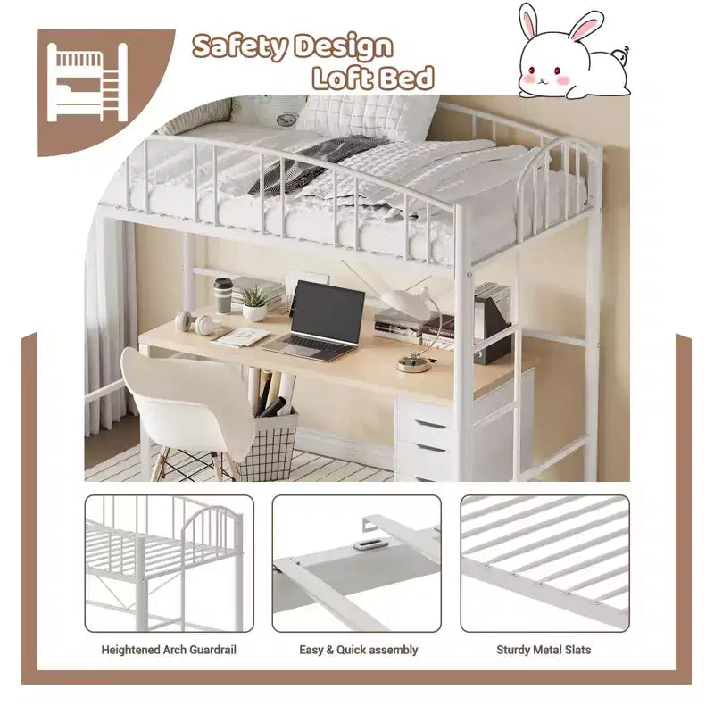 Lit mezzanine jumeau avec escalier et garde-corps arqué, lit plateforme en métal, gain de place, pas besoin de sommier, pour enfants et dortoirs