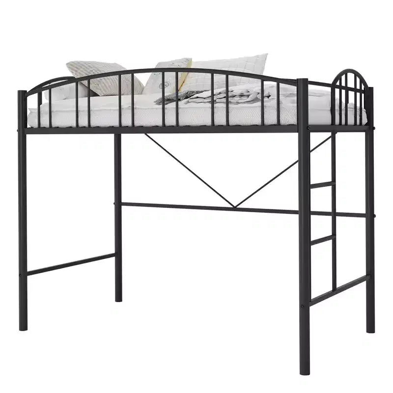 Lit mezzanine jumeau avec escalier et garde-corps arqué, lit plateforme en métal, gain de place, pas besoin de sommier, pour enfants et dortoirs