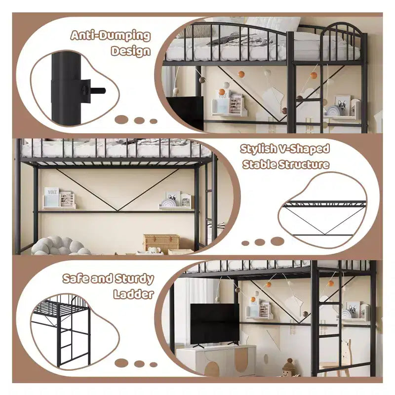 Lit mezzanine jumeau avec escalier et garde-corps arqué, lit plateforme en métal, gain de place, pas besoin de sommier, pour enfants et dortoirs