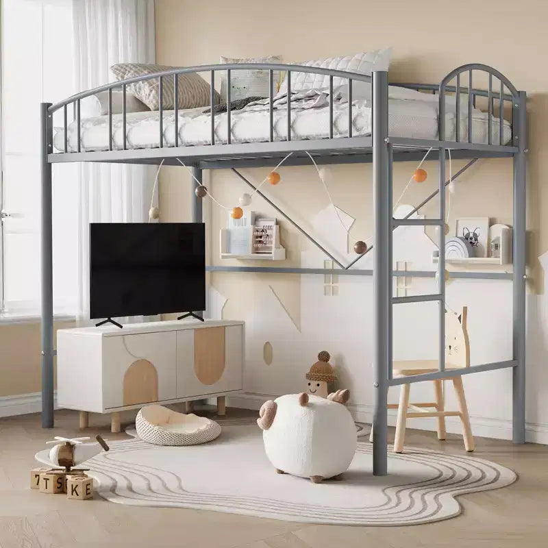 Lit mezzanine jumeau avec escalier et garde-corps arqué, lit plateforme en métal, gain de place, pas besoin de sommier, pour enfants et dortoirs