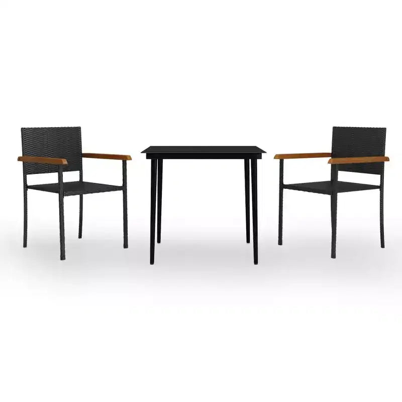 vidaXL 3 Piece Black Patio Dining Set with PE Rattan Chairs and Glass Tabletop, Outdoor Garden Furniture Set with Sturdy Powder-Coated Steel Frames
