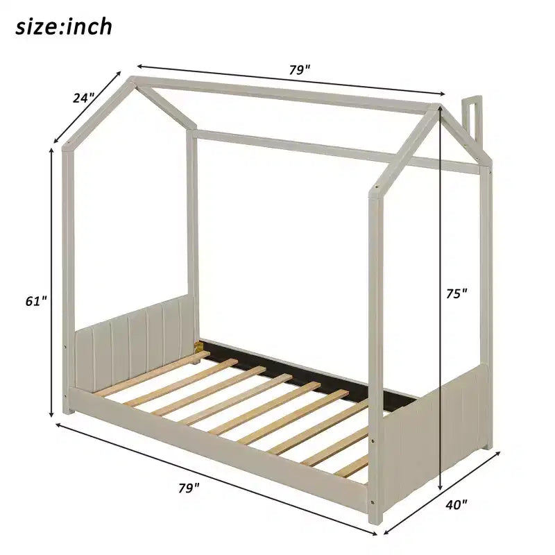 Lit cabane double/grand format pour enfants avec cadre en velours – Beige