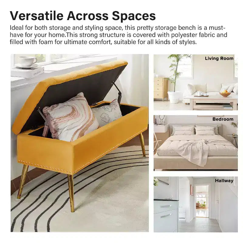 Banc de rangement Hippolytus avec garniture cloutée et capitonnage pour chambre à coucher - Noir