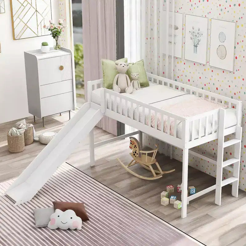 Lit mezzanine enfant 77,4" pour lits jumeaux/doubles avec toboggan, garde-corps de sécurité et échelle