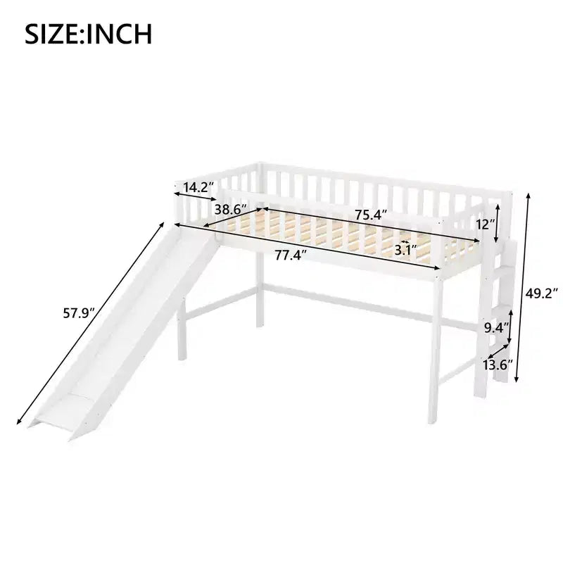 Lit mezzanine enfant 77,4" pour lits jumeaux/doubles avec toboggan, garde-corps de sécurité et échelle