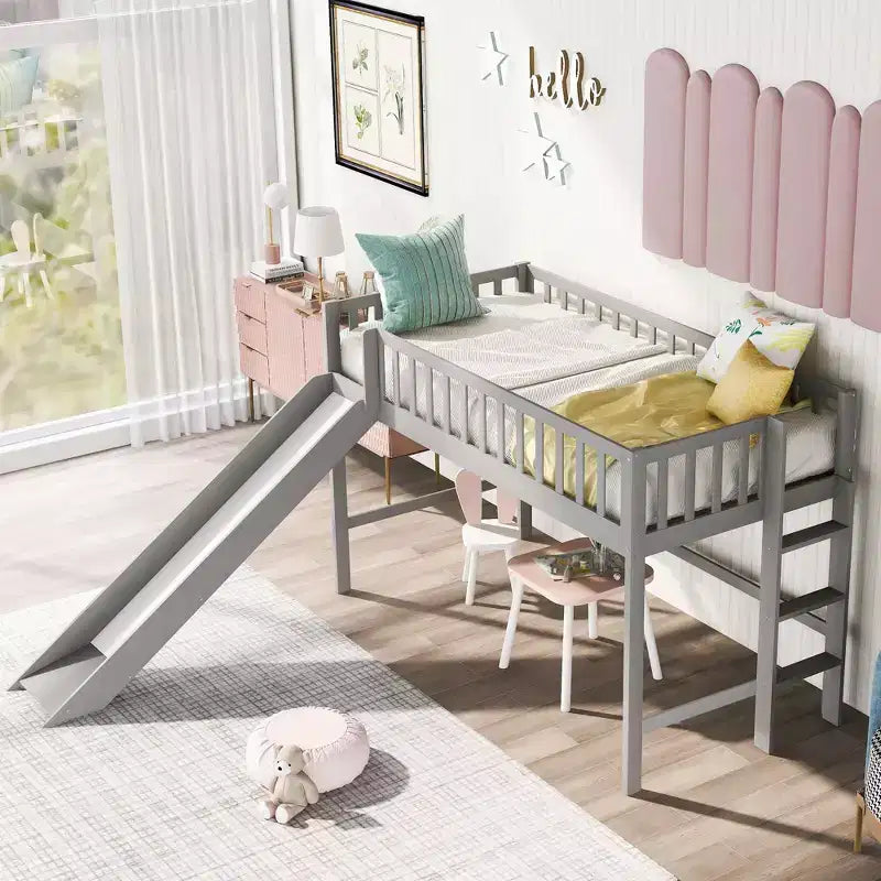 Lit mezzanine enfant 77,4" pour lits jumeaux/doubles avec toboggan, garde-corps de sécurité et échelle