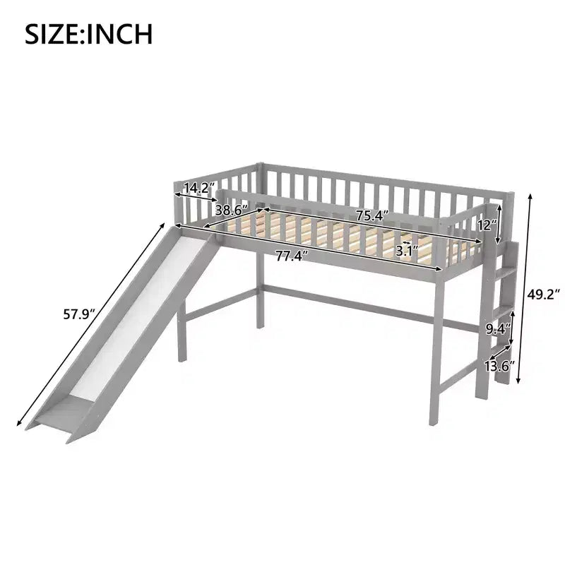 Lit mezzanine enfant 77,4" pour lits jumeaux/doubles avec toboggan, garde-corps de sécurité et échelle