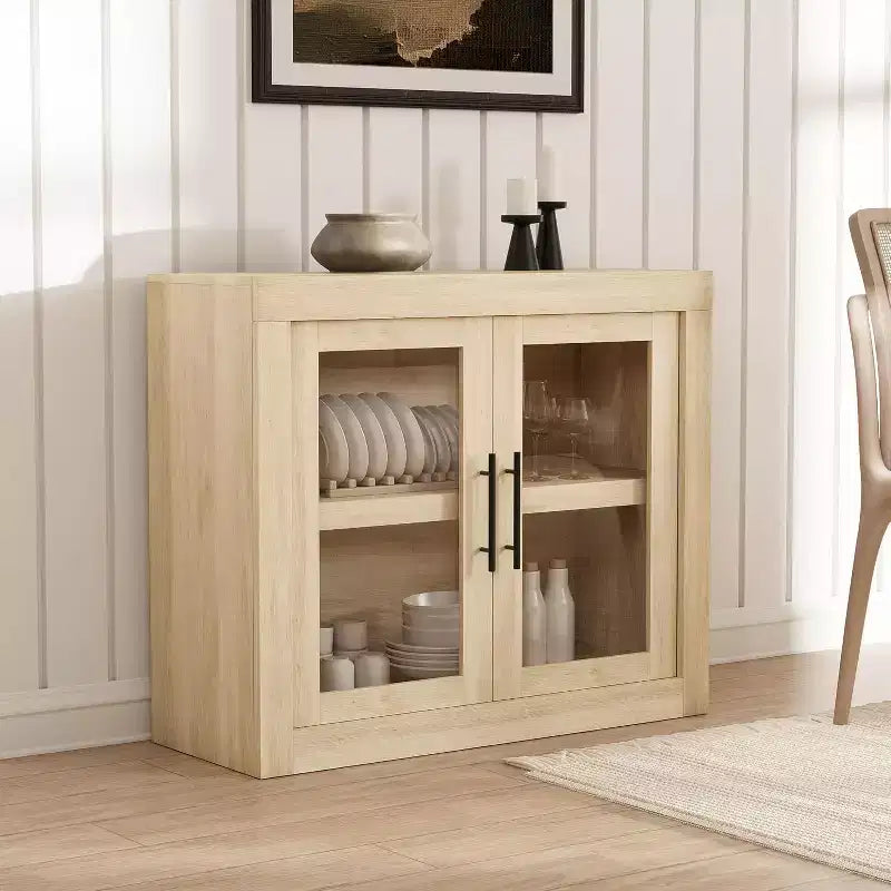 Buffet-vaisselier de 71 pouces avec 4 portes, Armoire d'appoint moderne du milieu du siècle avec rangement pour salon et cuisine, Naturel