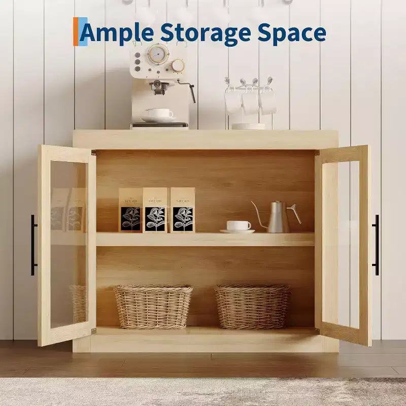 Buffet-vaisselier de 71 pouces avec 4 portes, Armoire d'appoint moderne du milieu du siècle avec rangement pour salon et cuisine, Naturel