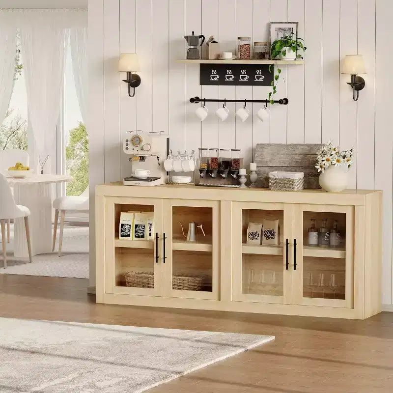 Buffet-vaisselier de 71 pouces avec 4 portes, Armoire d'appoint moderne du milieu du siècle avec rangement pour salon et cuisine, Naturel