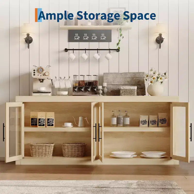 Buffet-vaisselier de 71 pouces avec 4 portes, Armoire d'appoint moderne du milieu du siècle avec rangement pour salon et cuisine, Naturel