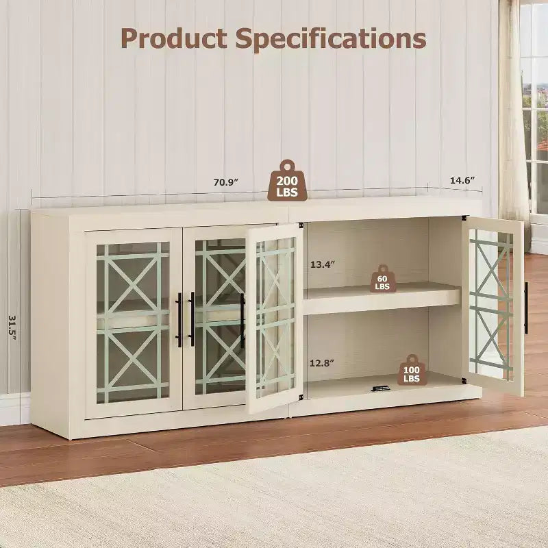 Buffet-vaisselier de 71 pouces avec 4 portes, Armoire d'appoint moderne du milieu du siècle avec rangement pour salon et cuisine, Naturel
