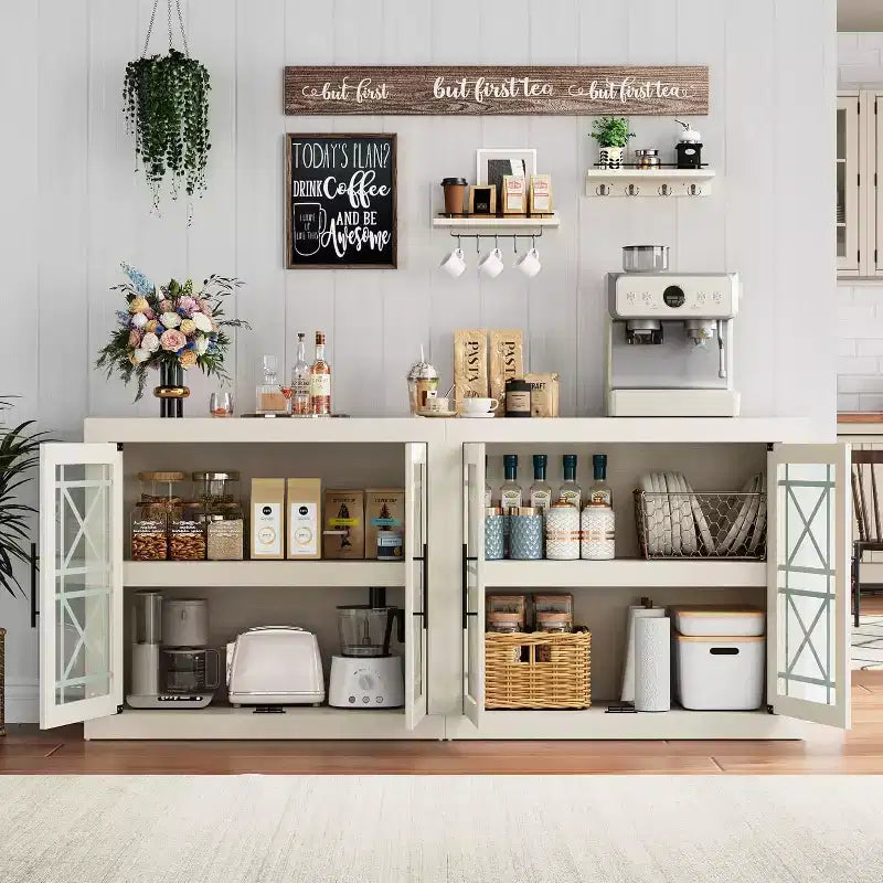 Buffet-vaisselier de 71 pouces avec 4 portes, Armoire d'appoint moderne du milieu du siècle avec rangement pour salon et cuisine, Naturel