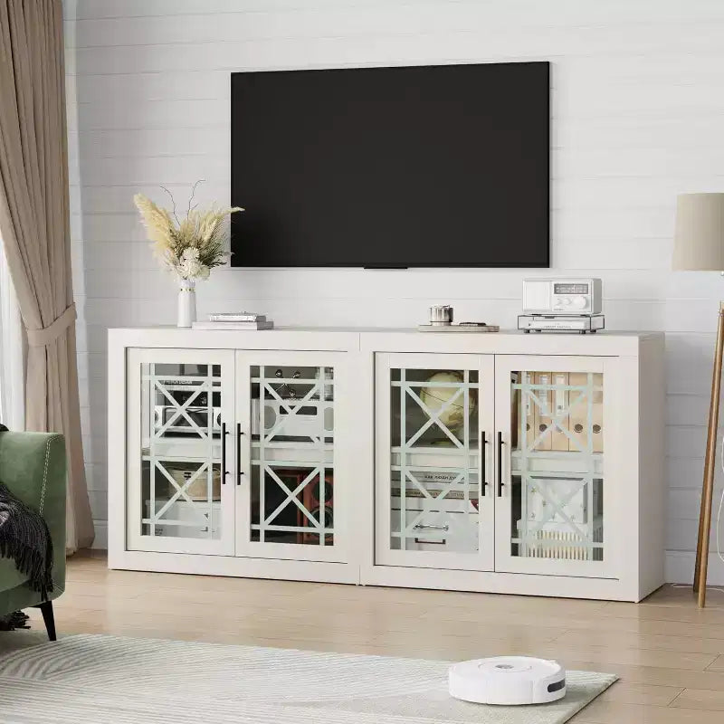 Buffet-vaisselier de 71 pouces avec 4 portes, Armoire d'appoint moderne du milieu du siècle avec rangement pour salon et cuisine, Naturel
