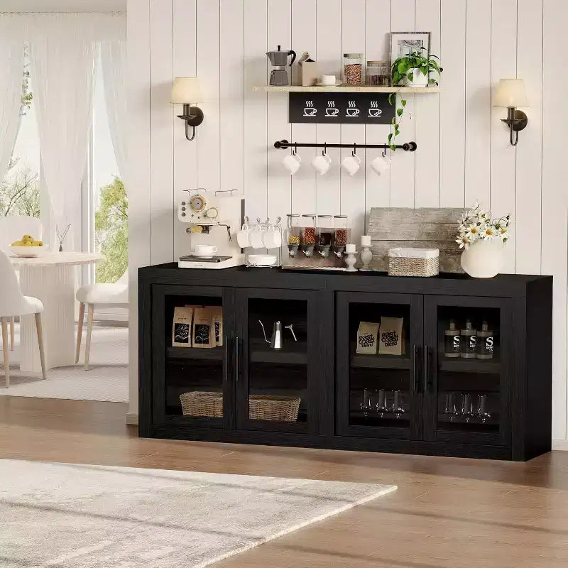 Buffet-vaisselier de 71 pouces avec 4 portes, Armoire d'appoint moderne du milieu du siècle avec rangement pour salon et cuisine, Naturel