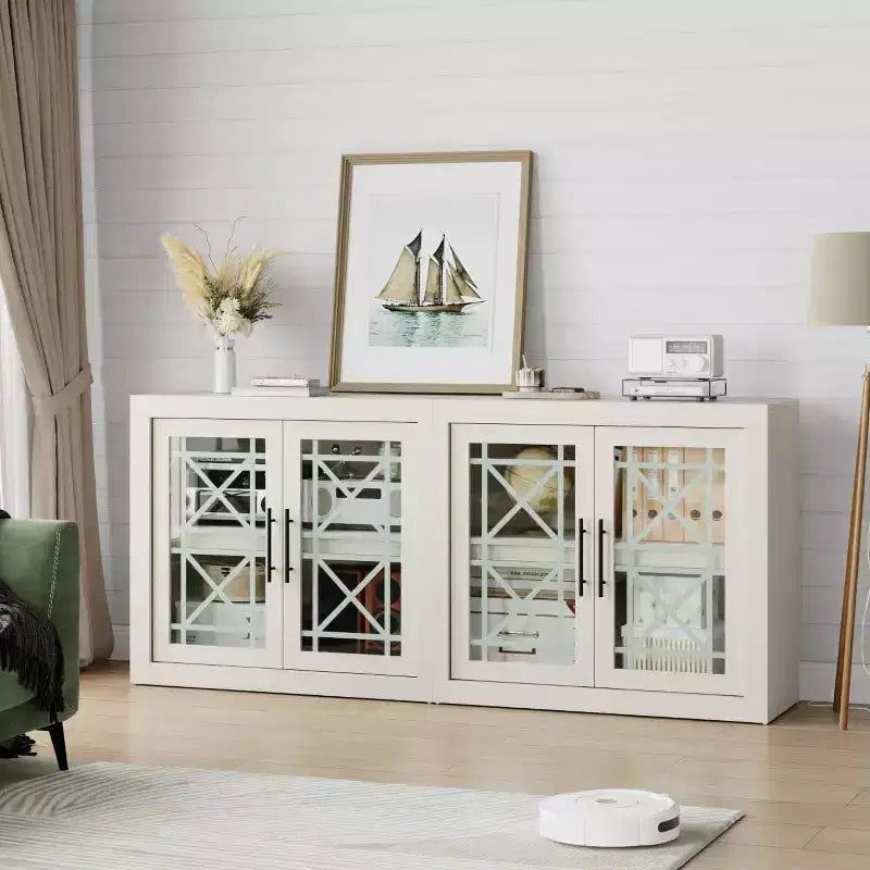 Buffet-vaisselier de 71 pouces avec 4 portes, Armoire d'appoint moderne du milieu du siècle avec rangement pour salon et cuisine, Naturel