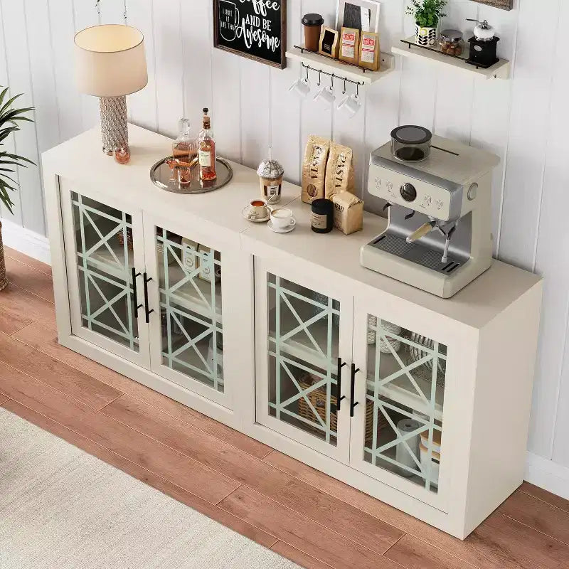Buffet-vaisselier de 71 pouces avec 4 portes, Armoire d'appoint moderne du milieu du siècle avec rangement pour salon et cuisine, Naturel