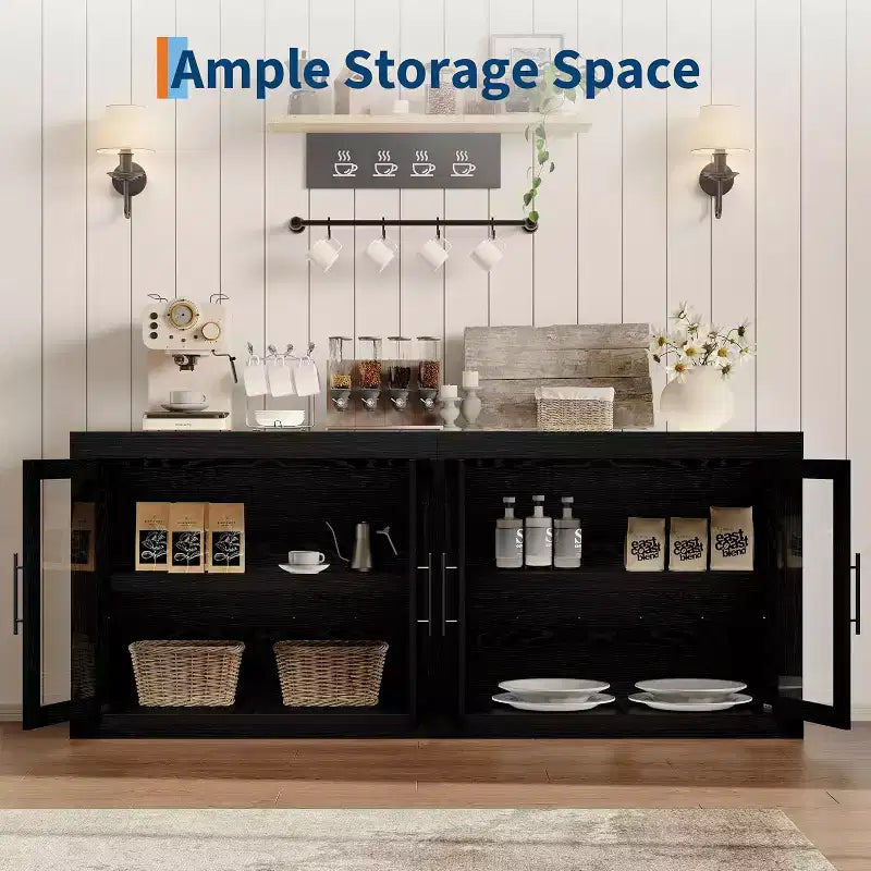 Buffet-vaisselier de 71 pouces avec 4 portes, Armoire d'appoint moderne du milieu du siècle avec rangement pour salon et cuisine, Naturel