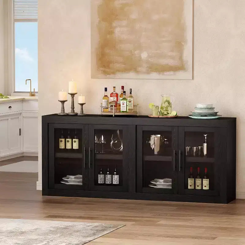 Buffet-vaisselier de 71 pouces avec 4 portes, Armoire d'appoint moderne du milieu du siècle avec rangement pour salon et cuisine, Naturel