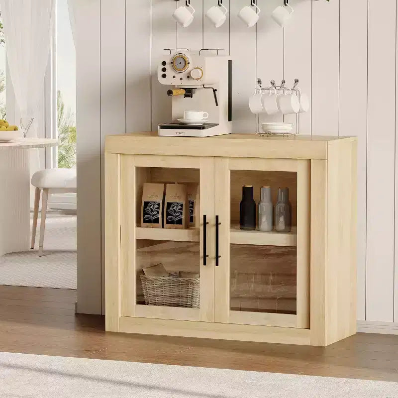 Buffet-vaisselier de 71 pouces avec 4 portes, Armoire d'appoint moderne du milieu du siècle avec rangement pour salon et cuisine, Naturel
