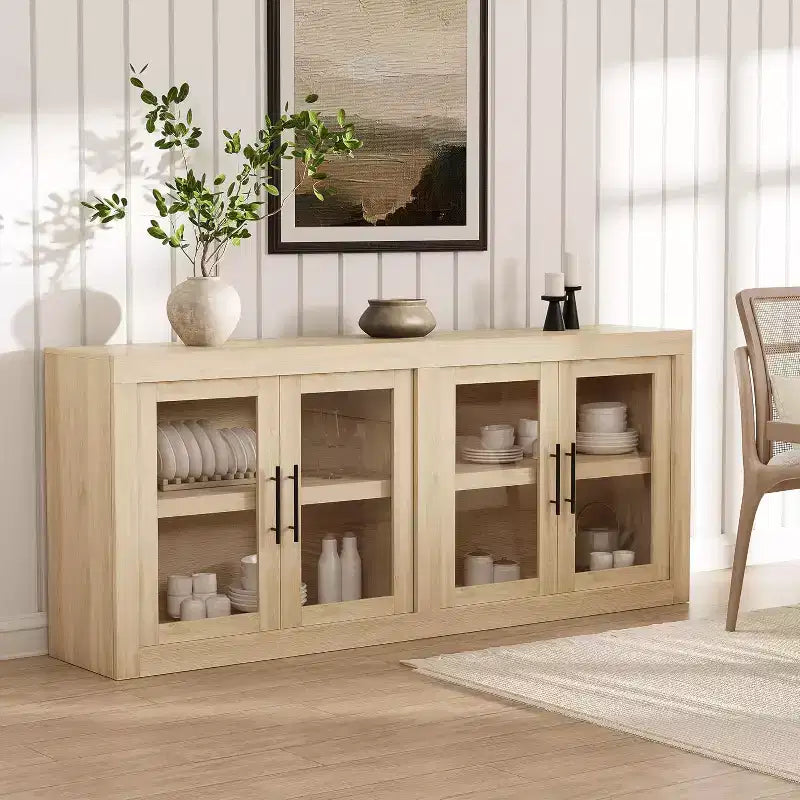 Buffet-vaisselier de 71 pouces avec 4 portes, Armoire d'appoint moderne du milieu du siècle avec rangement pour salon et cuisine, Naturel
