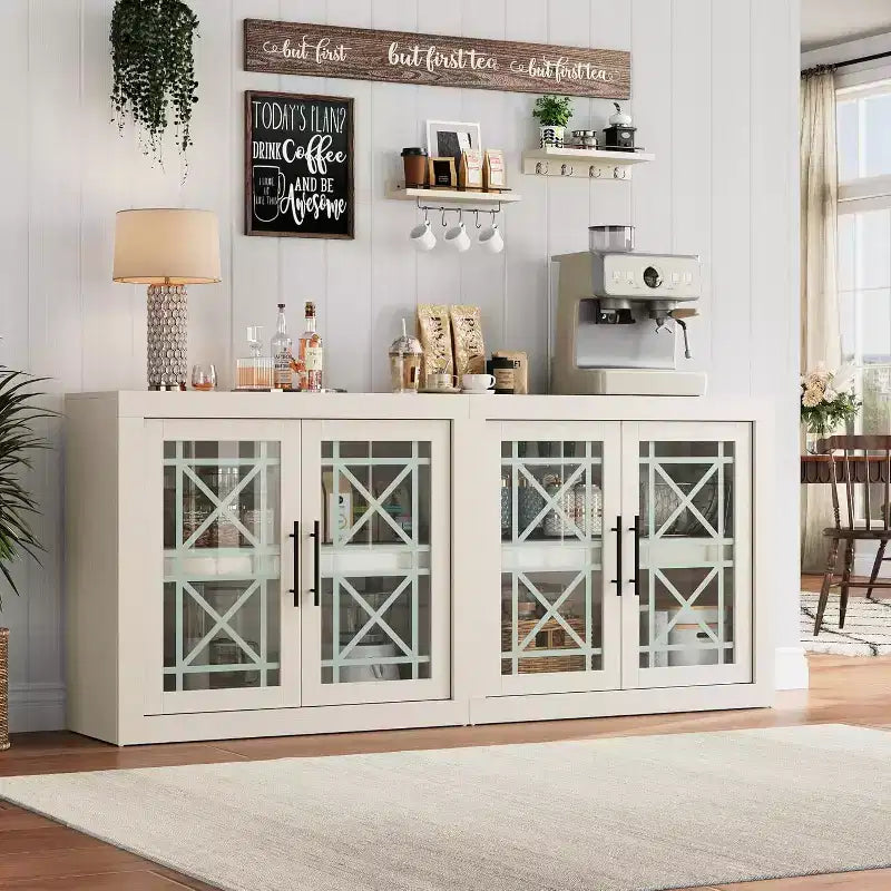 Buffet-vaisselier de 71 pouces avec 4 portes, Armoire d'appoint moderne du milieu du siècle avec rangement pour salon et cuisine, Naturel