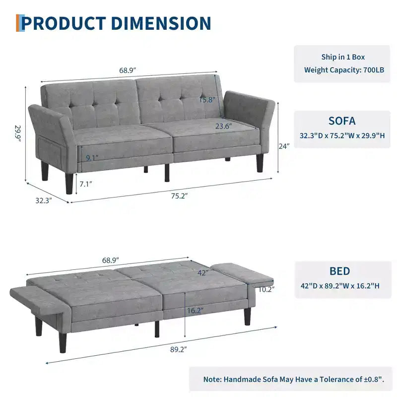 Canapé-lit futon de 89 pouces, canapé-lit convertible avec dossier et accoudoirs réglables, canapé-lit futon moderne