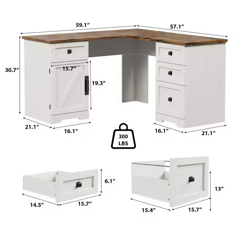 Bureau d'angle exécutif en L de 60 pouces, bureau d'angle de style campagnard avec tiroirs de classement et armoire de rangement réglable, pour bureau à domicile ou étude