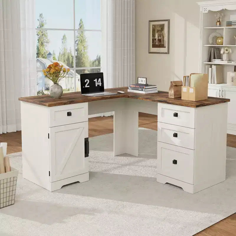Bureau d'angle exécutif en L de 60 pouces, bureau d'angle de style campagnard avec tiroirs de classement et armoire de rangement réglable, pour bureau à domicile ou étude