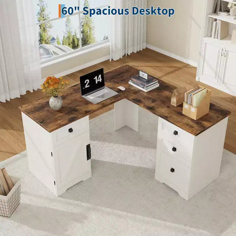 Bureau d'angle exécutif en L de 60 pouces, bureau d'angle de style campagnard avec tiroirs de classement et armoire de rangement réglable, pour bureau à domicile ou étude