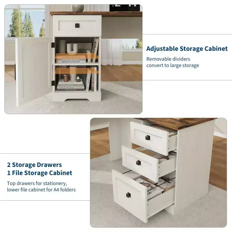 Bureau d'angle exécutif en L de 60 pouces, bureau d'angle de style campagnard avec tiroirs de classement et armoire de rangement réglable, pour bureau à domicile ou étude