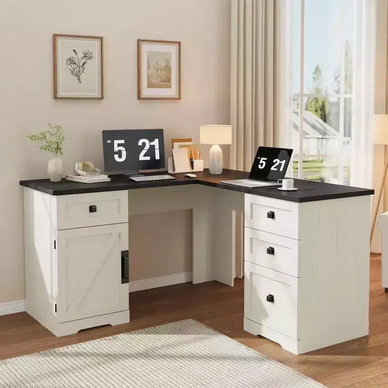 Bureau d'angle exécutif en L de 60 pouces, bureau d'angle de style campagnard avec tiroirs de classement et armoire de rangement réglable, pour bureau à domicile ou étude