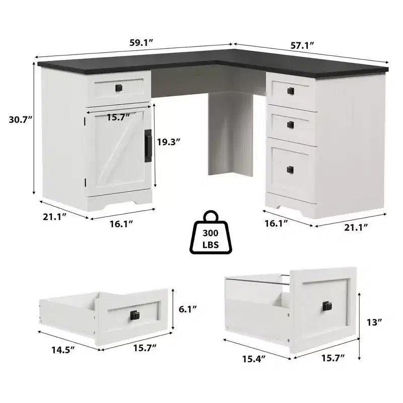 Bureau d'angle exécutif en L de 60 pouces, bureau d'angle de style campagnard avec tiroirs de classement et armoire de rangement réglable, pour bureau à domicile ou étude