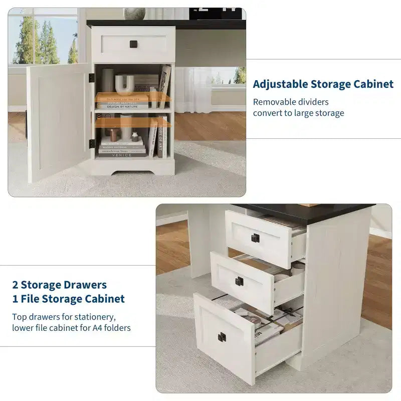Bureau d'angle exécutif en L de 60 pouces, bureau d'angle de style campagnard avec tiroirs de classement et armoire de rangement réglable, pour bureau à domicile ou étude