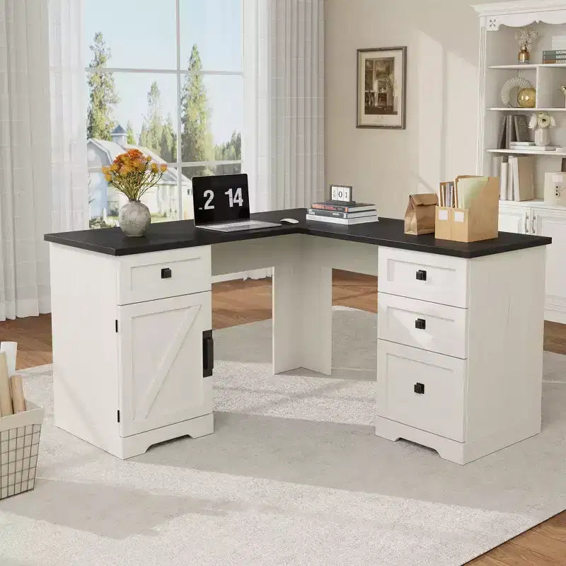 Bureau d'angle exécutif en L de 60 pouces, bureau d'angle de style campagnard avec tiroirs de classement et armoire de rangement réglable, pour bureau à domicile ou étude