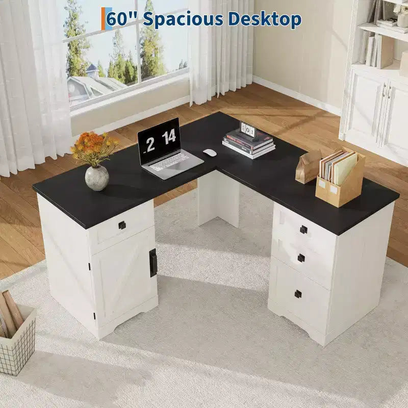 Bureau d'angle exécutif en L de 60 pouces, bureau d'angle de style campagnard avec tiroirs de classement et armoire de rangement réglable, pour bureau à domicile ou étude