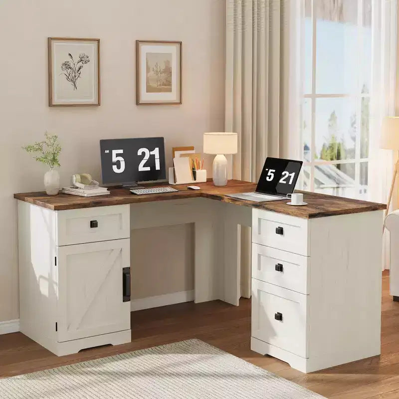 Bureau d'angle exécutif en L de 60 pouces, bureau d'angle de style campagnard avec tiroirs de classement et armoire de rangement réglable, pour bureau à domicile ou étude