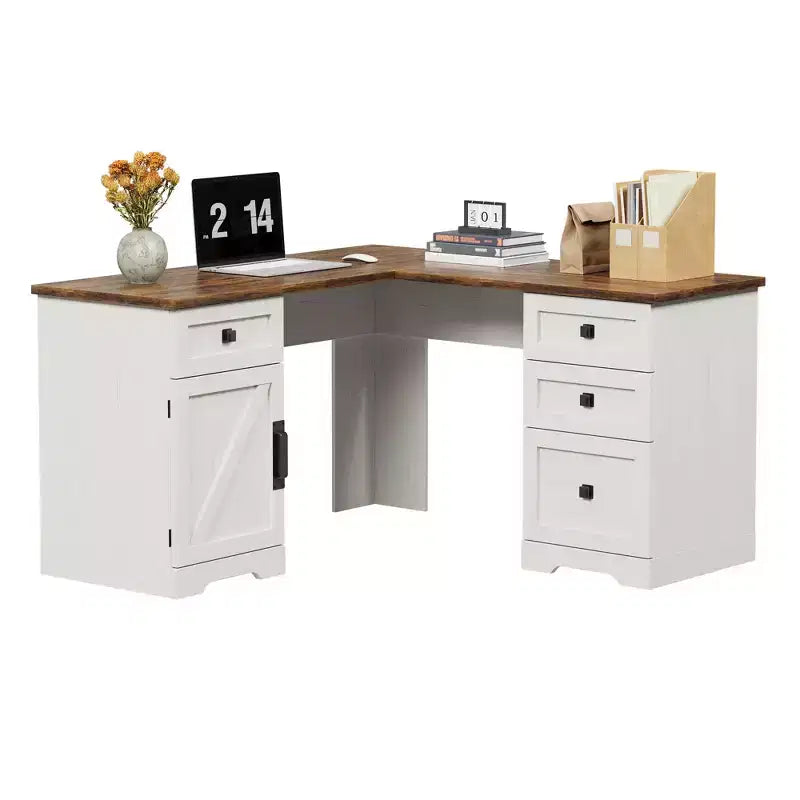 Bureau d'angle exécutif en L de 60 pouces, bureau d'angle de style campagnard avec tiroirs de classement et armoire de rangement réglable, pour bureau à domicile ou étude