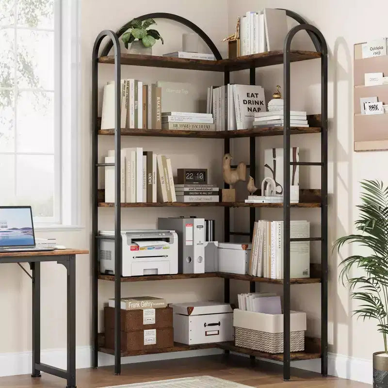 Étagère d'Angle Industrielle, Étagère en Forme de L à 5 Niveaux avec Cadre Métallique, Grande Bibliothèque pour Salon et Chambre