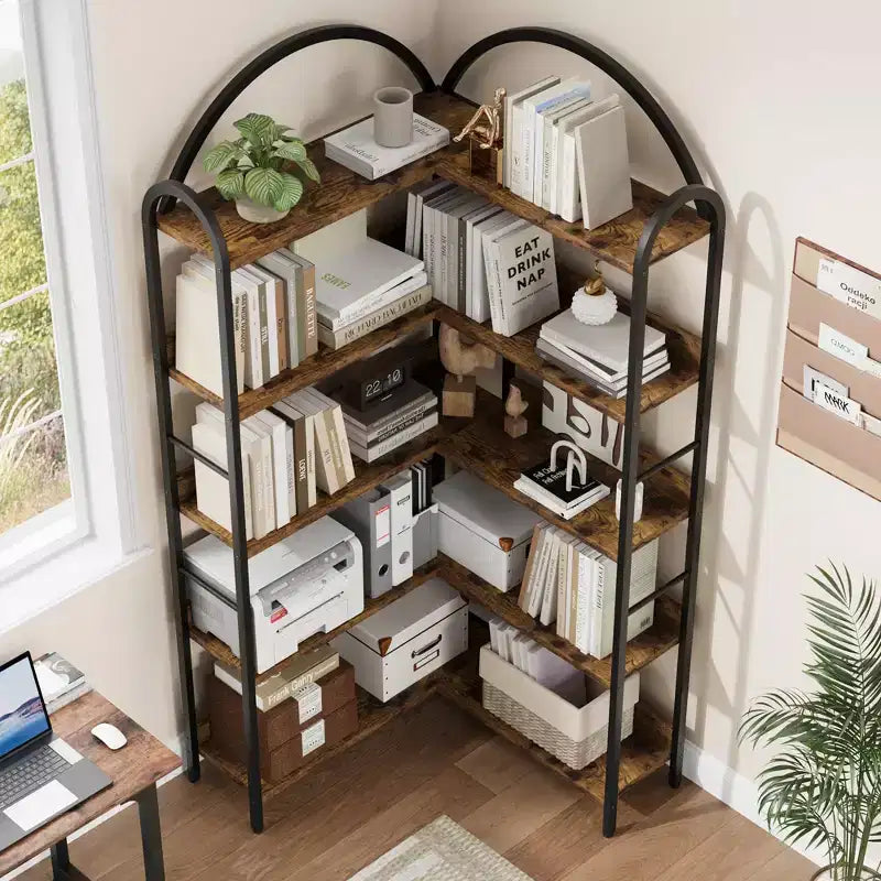 Étagère d'Angle Industrielle, Étagère en Forme de L à 5 Niveaux avec Cadre Métallique, Grande Bibliothèque pour Salon et Chambre