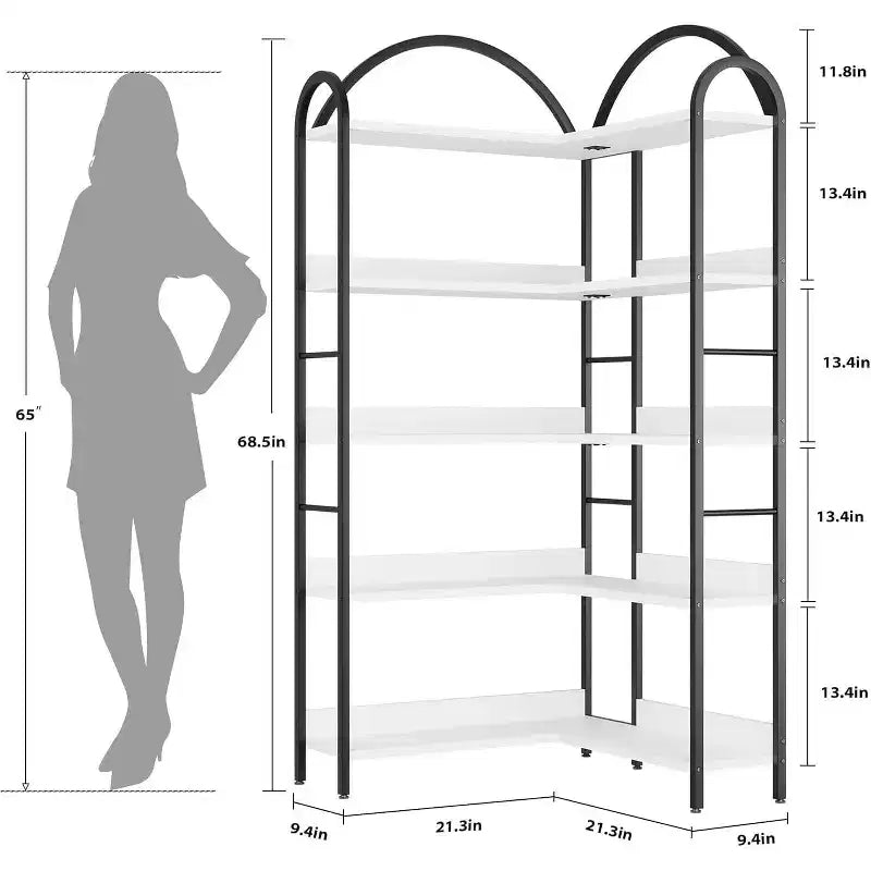 Étagère d'Angle Industrielle, Étagère en Forme de L à 5 Niveaux avec Cadre Métallique, Grande Bibliothèque pour Salon et Chambre