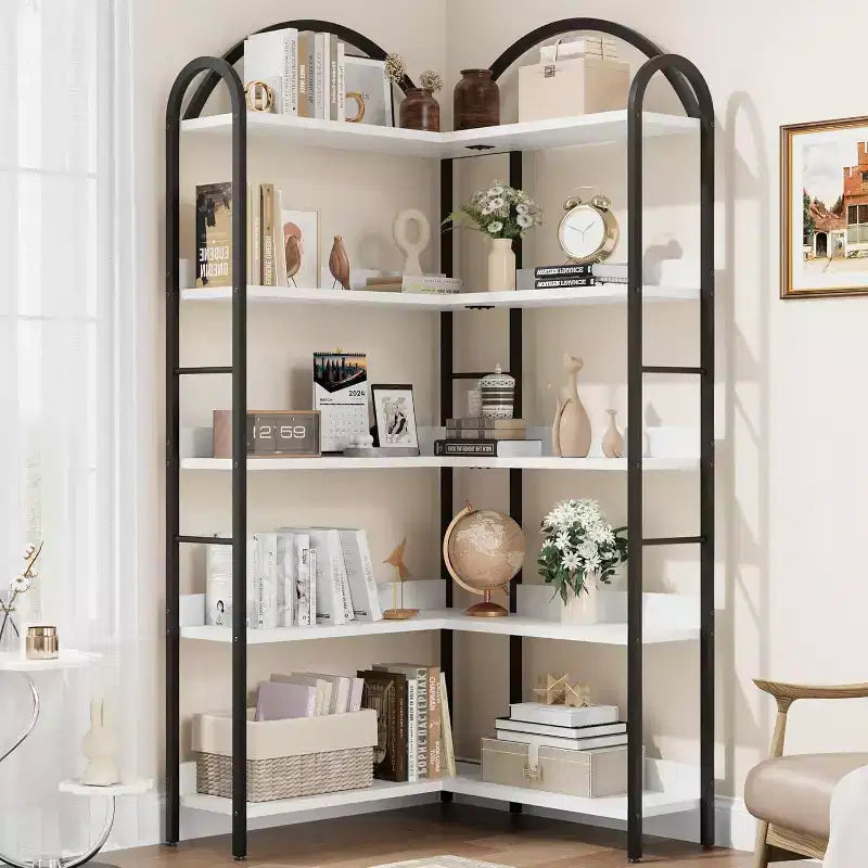 Étagère d'Angle Industrielle, Étagère en Forme de L à 5 Niveaux avec Cadre Métallique, Grande Bibliothèque pour Salon et Chambre